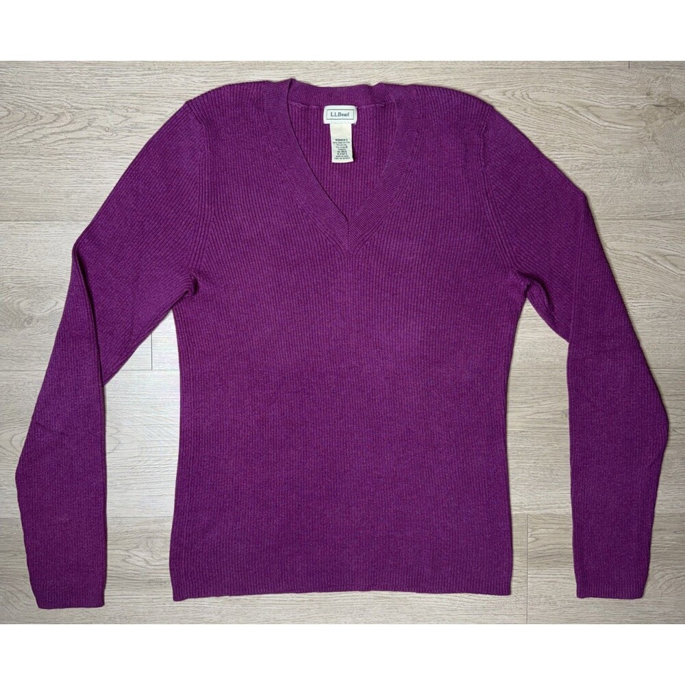 L.L. Bean Women's V-Neck Ribbed Knit Sweater Purple Pima Cotton Medium Regular